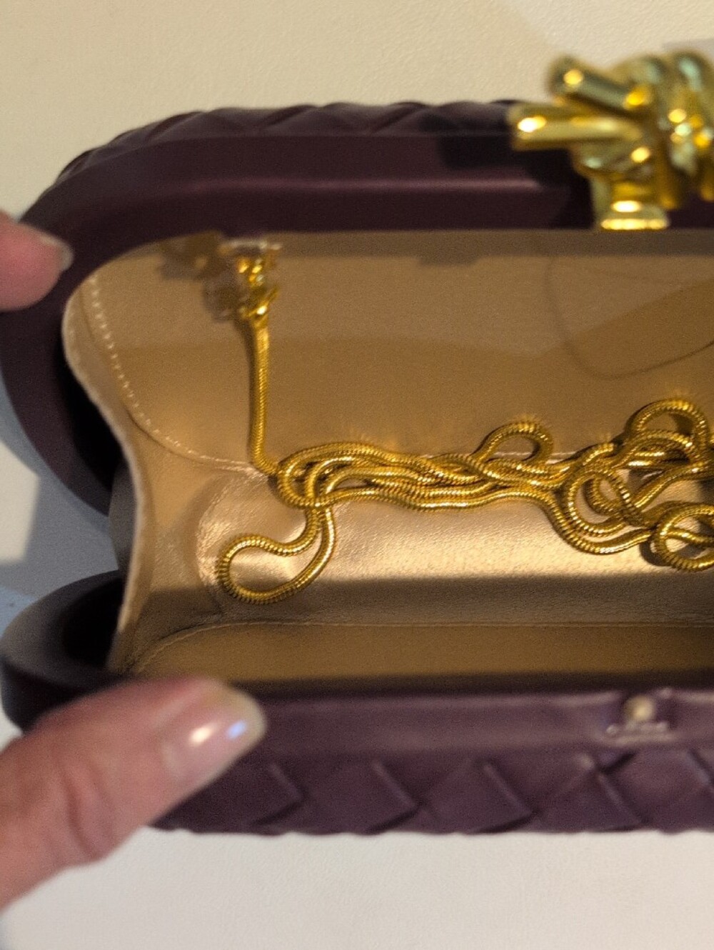Woven Leather Purple Crossbody Clutch with Gold Chain - Picture 11 of 16
